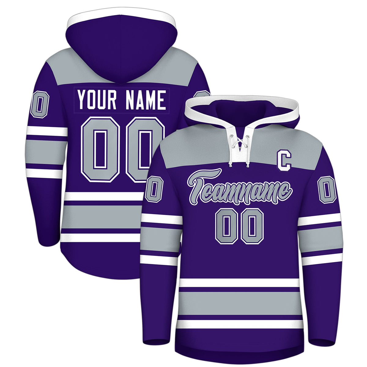 Custom Hockey Hoodie Jersey Purple Silver Raglan Sleeves Lace-Up Neck Personal Name & Number & Logo