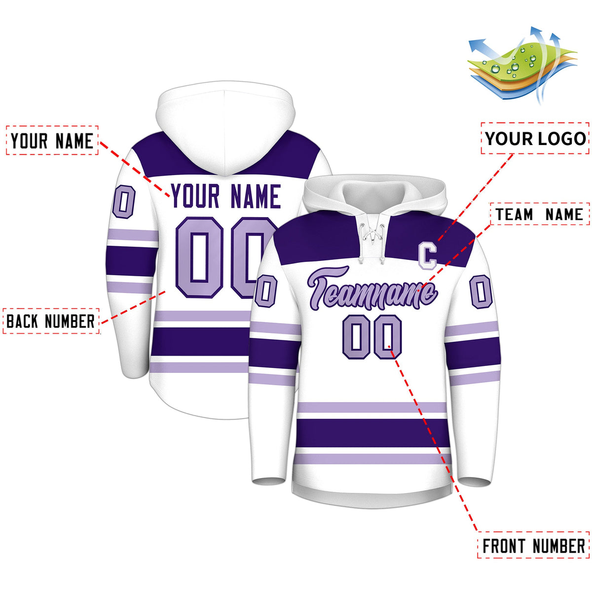 Custom Hockey Hoodie Jersey White Purple Raglan Sleeves Lace-Up Neck Personalized Jersey for Men & Youth