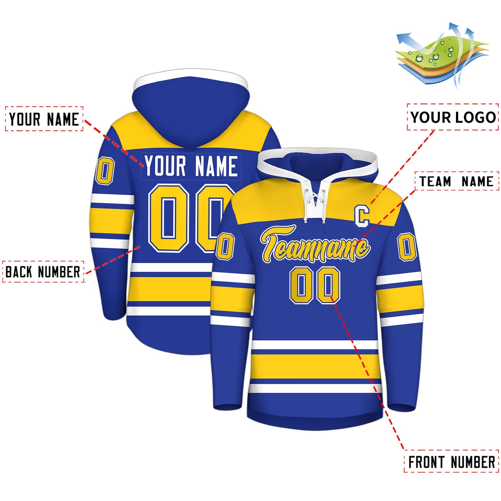 Custom Hockey Hoodie Jersey Royal Blue Gold Raglan Sleeves Lace-Up Neck Personal Name & Number & Logo