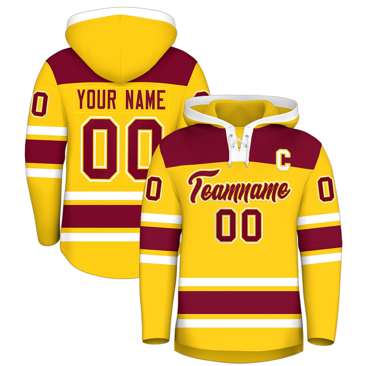 Custom Hockey Hoodie Jersey Gold Crimson Raglan Sleeves Lace-Up Neck Personalized Jersey for Men & Youth
