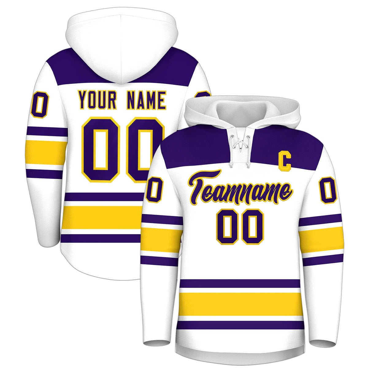 Custom Hockey Hoodie Jersey White Gold Raglan Sleeves Lace-Up Neck Personal Name & Number & Logo