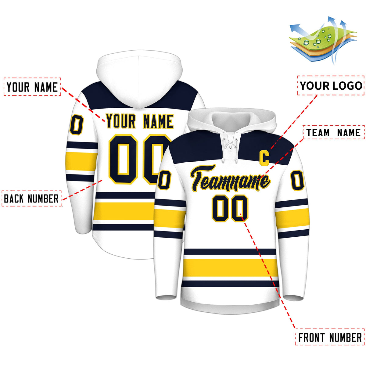 Custom Hockey Hoodie Jersey White Navy Raglan Sleeves Lace-Up Neck Classic Team Colors Hoodie