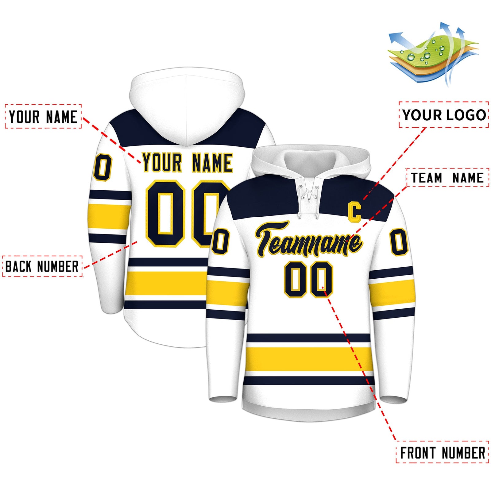Custom Hockey Hoodie Jersey White Navy Raglan Sleeves Lace-Up Neck Classic Team Colors Hoodie