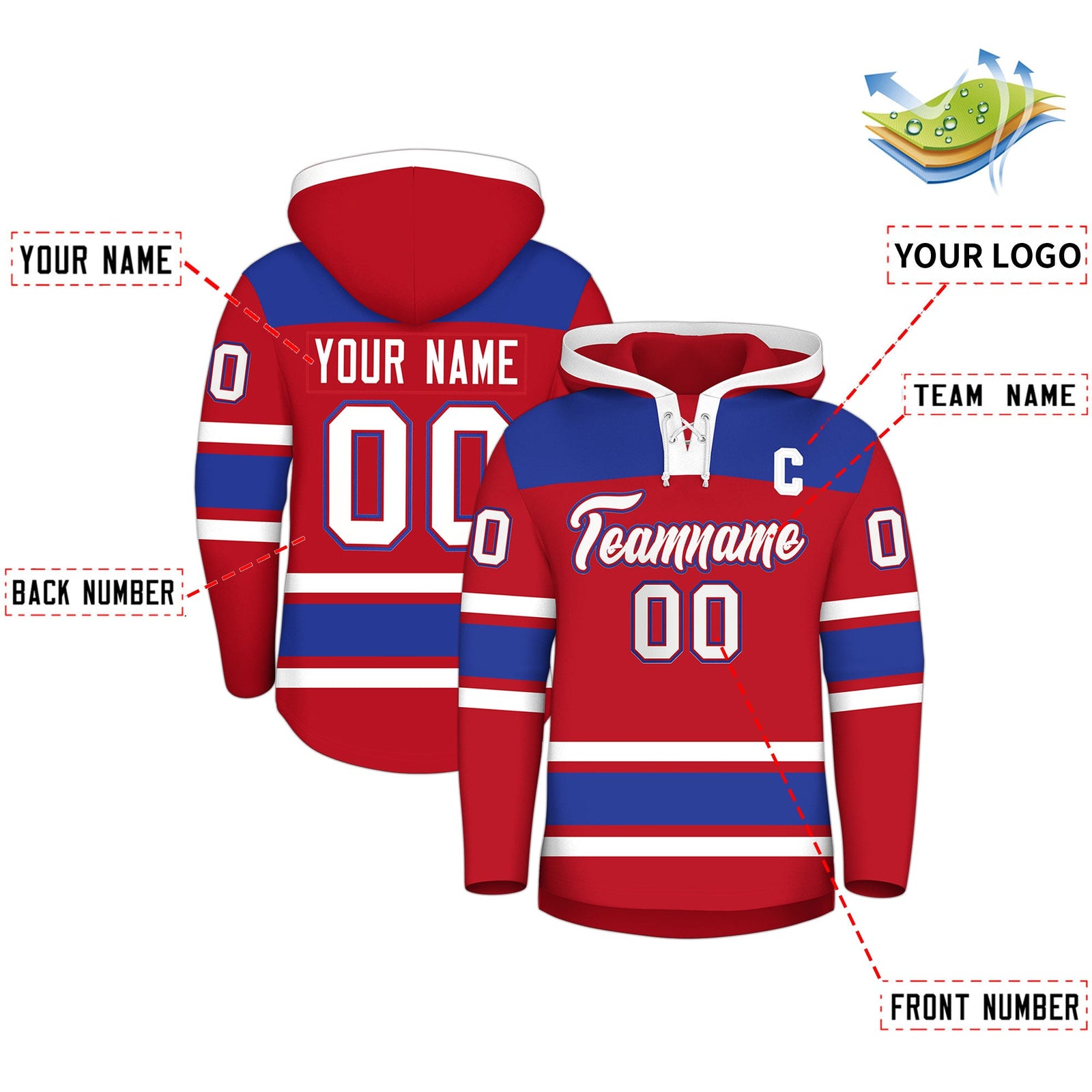 Custom Hockey Hoodie Jersey Red Royal Blue Raglan Sleeves Lace-Up Neck Personalized Jersey for Men & Youth