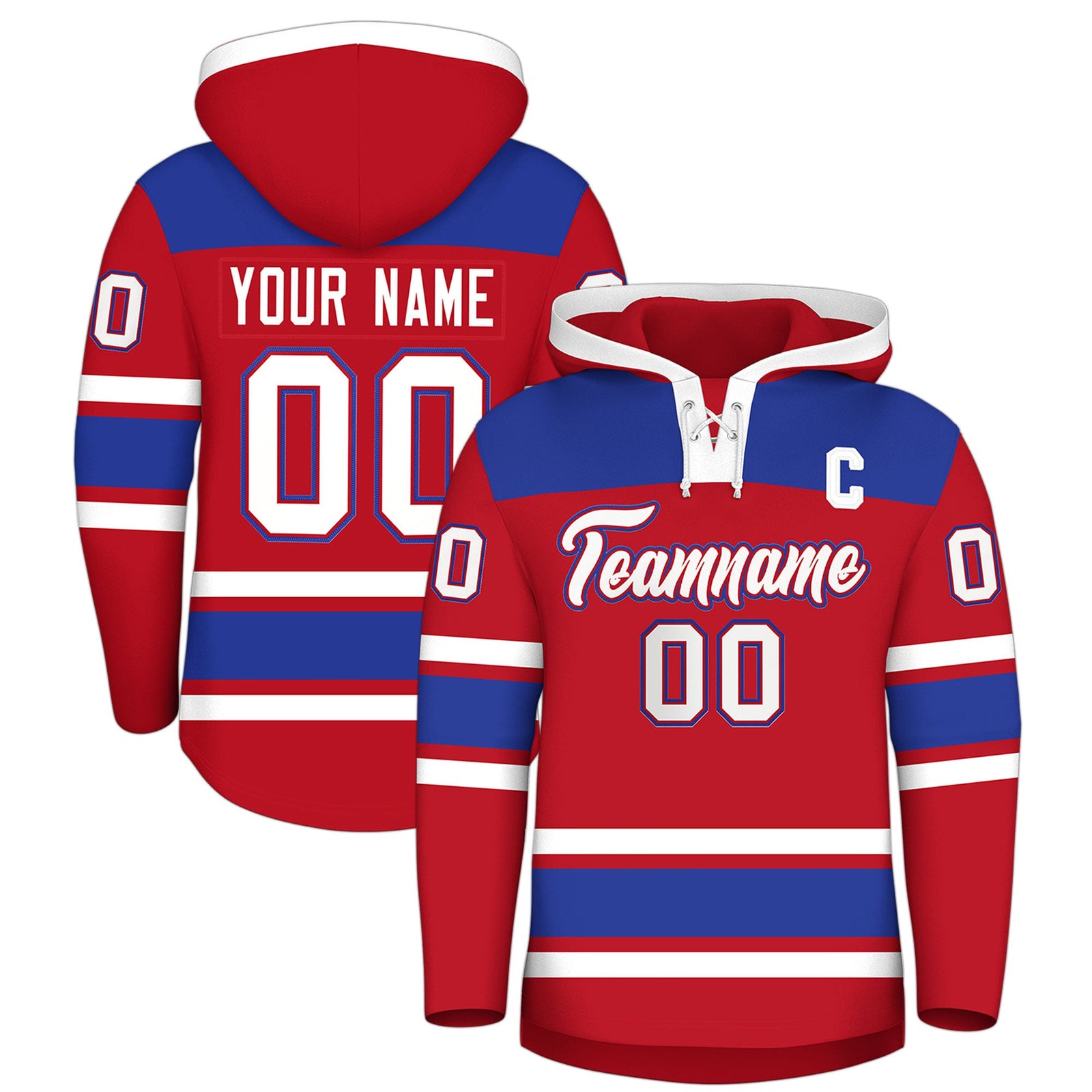 Custom Hockey Hoodie Jersey Red Royal Blue Raglan Sleeves Lace-Up Neck Personalized Jersey for Men & Youth