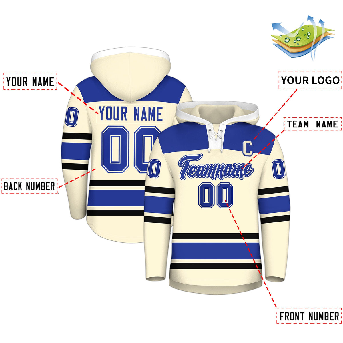 Custom Hockey Hoodie Jersey Cream Royal Blue Raglan Sleeves Lace-Up Neck Personal Name & Number & Logo