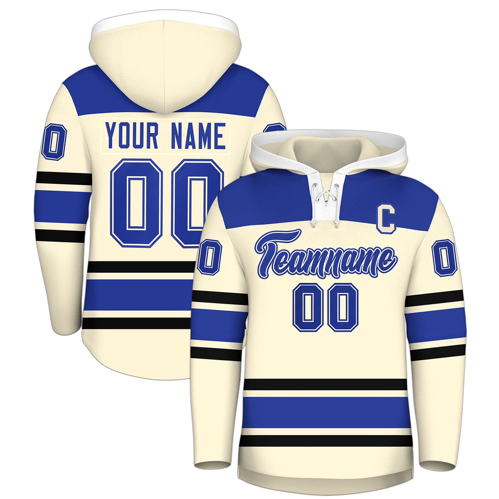 Custom Hockey Hoodie Jersey Cream Royal Blue Raglan Sleeves Lace-Up Neck Personal Name & Number & Logo