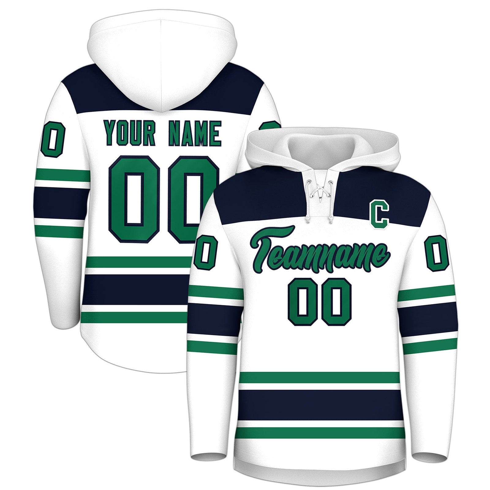 Custom Hockey Hoodie Jersey White Navy Raglan Sleeves Lace-Up Neck Classic Team Colors Hoodie
