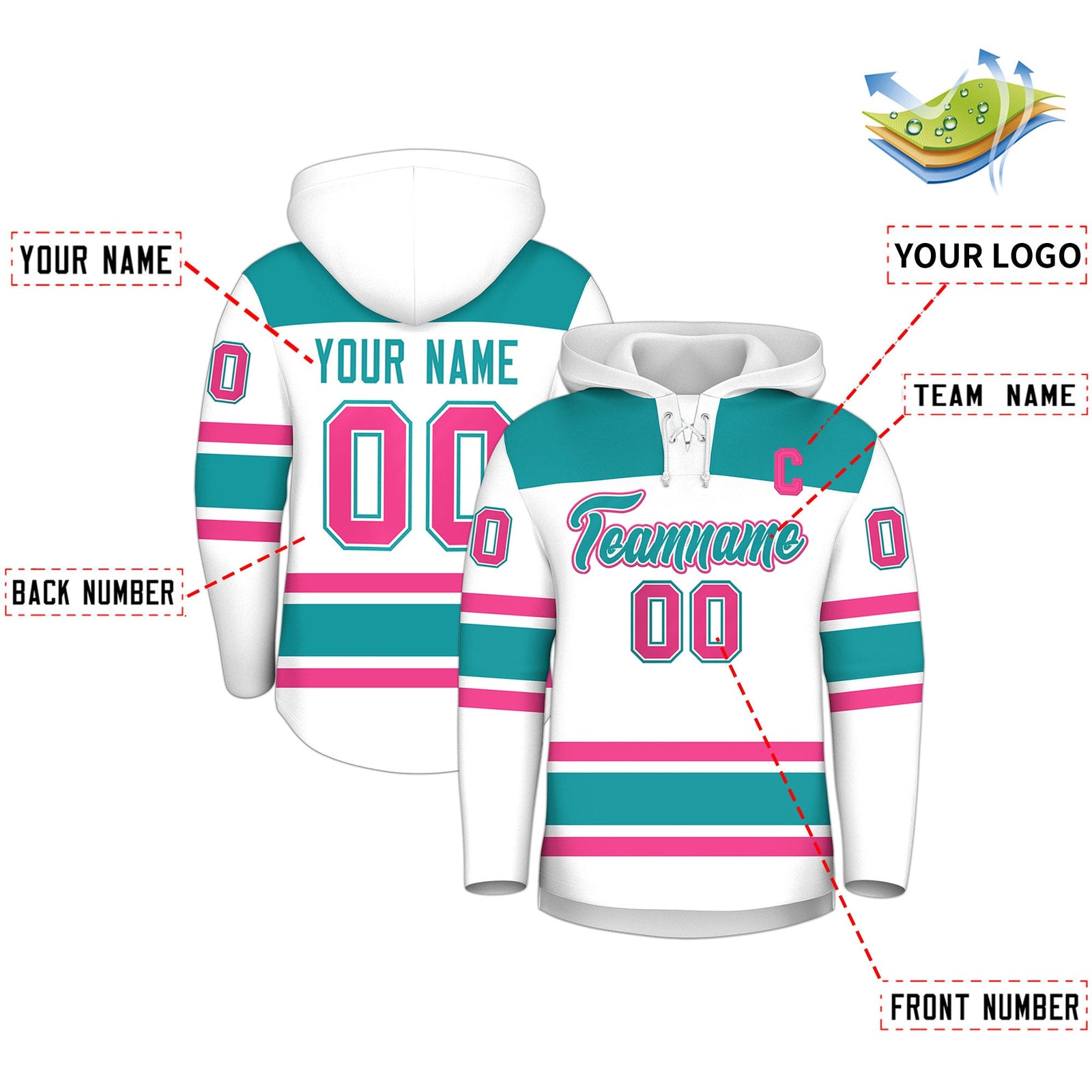 Custom Hockey Hoodie Jersey White Aqua Raglan Sleeves Lace-Up Neck Personal Name & Number & Logo
