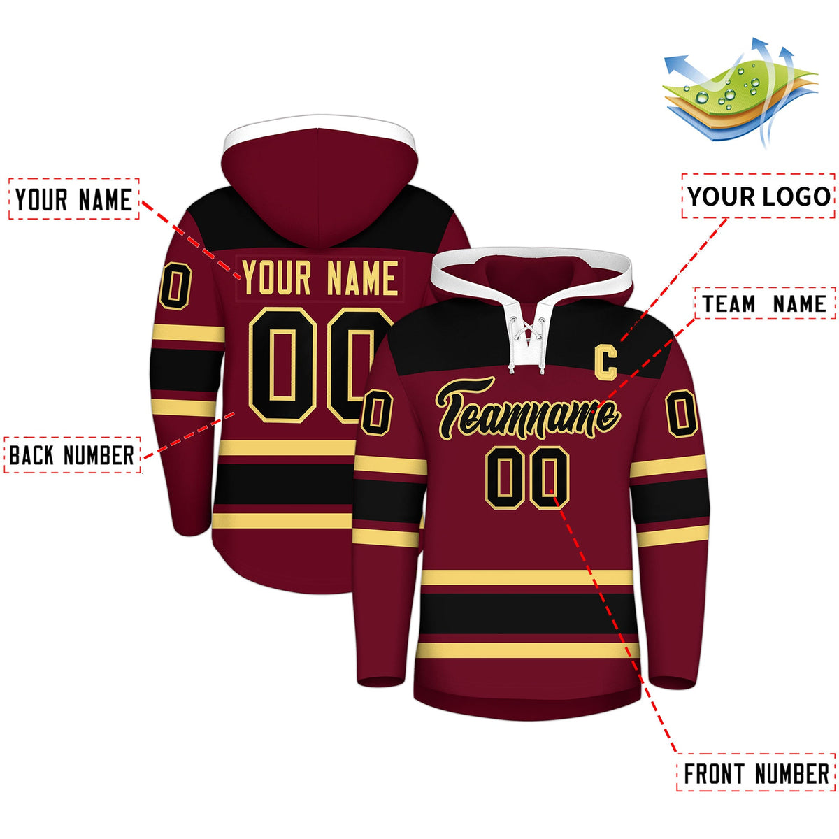 Custom Hockey Hoodie Jersey Crimson Black Raglan Sleeves Lace-Up Neck Personal Name & Number & Logo