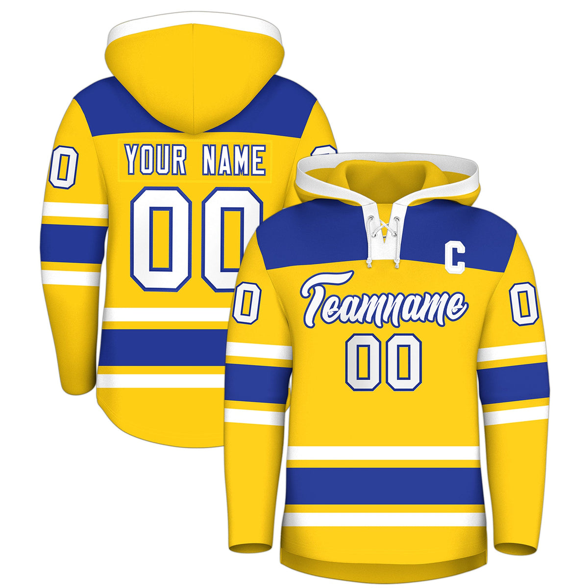 Custom Hockey Hoodie Jersey Gold Royal Blue Raglan Sleeves Lace-Up Neck Personalized Jersey for Men & Youth