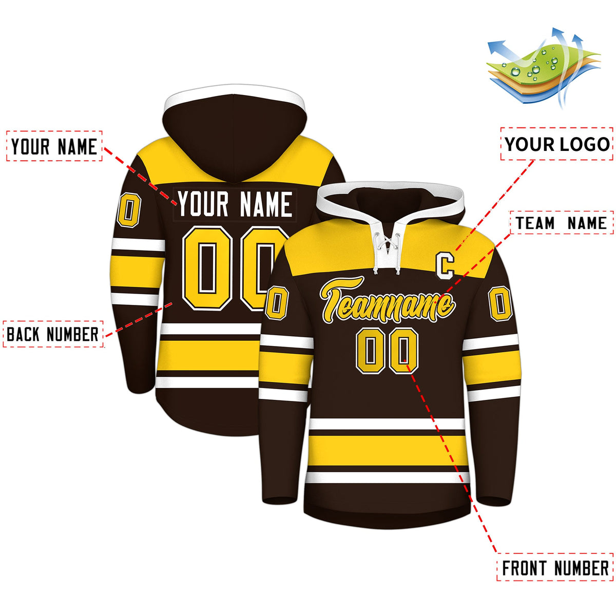 Custom Hockey Hoodie Jersey Brown Gold Raglan Sleeves Lace-Up Neck Personalized Jersey for Men & Youth