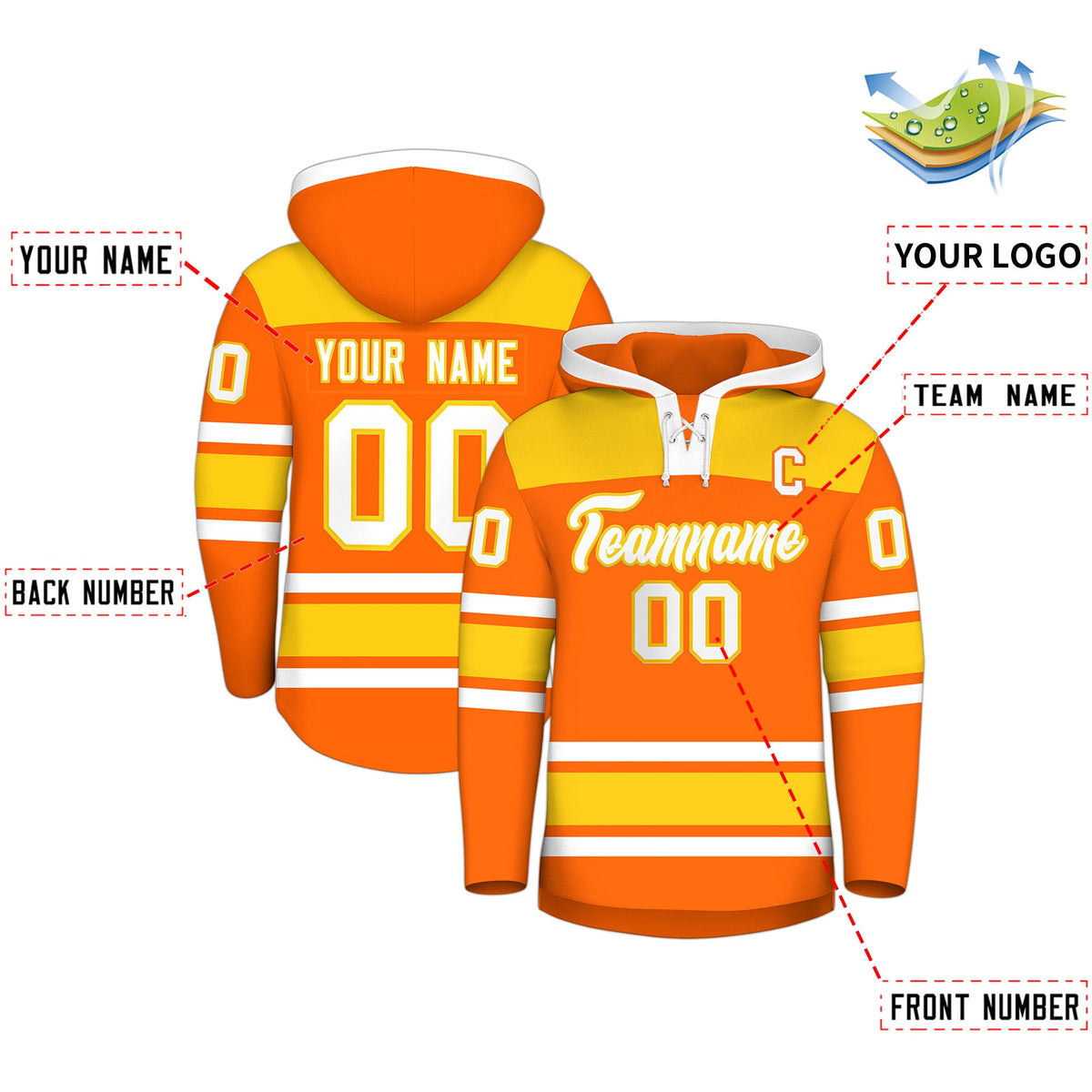 Custom Hockey Hoodie Jersey Orange Gold Raglan Sleeves Lace-Up Neck Personal Name & Number & Logo