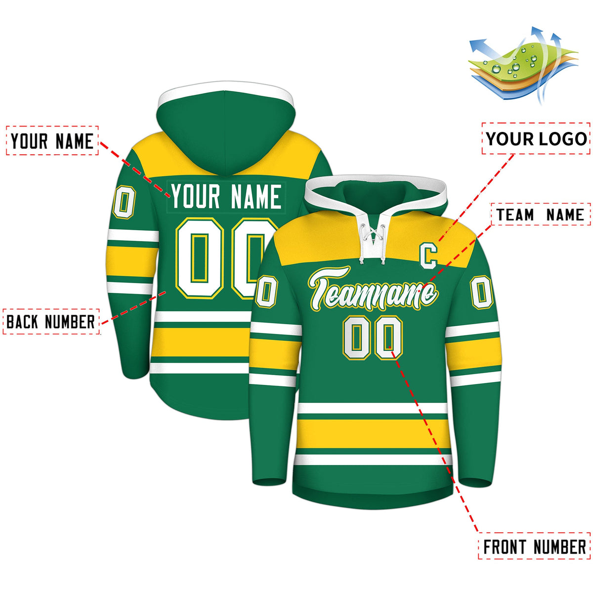 Custom Hockey Hoodie Jersey Kelly Green Gold Raglan Sleeves Lace-Up Neck Personalized Jersey for Men & Youth