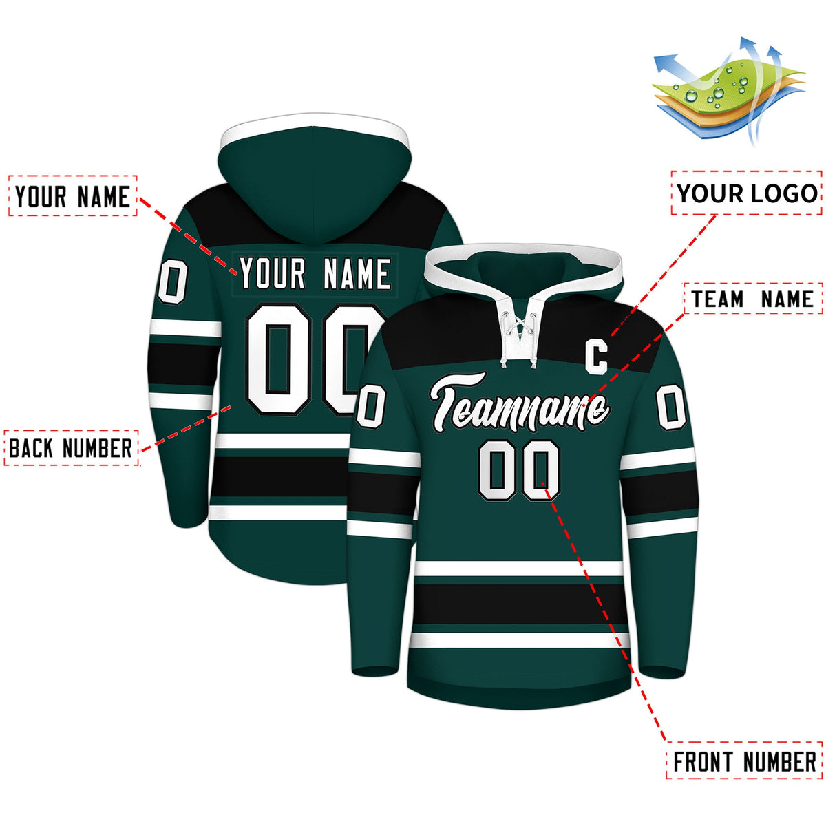 Custom Hockey Hoodie Jersey Midnight Green Black Raglan Sleeves Lace-Up Neck Personal Name & Number & Logo