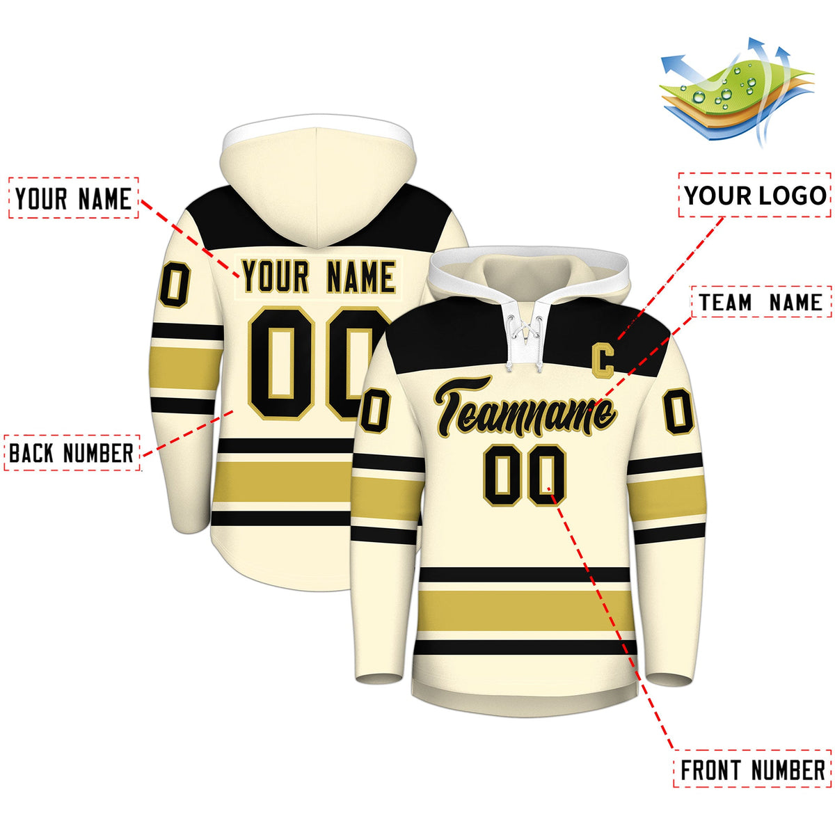 Custom Hockey Hoodie Jersey Cream Old Gold Raglan Sleeves Lace-Up Neck Personal Name & Number & Logo