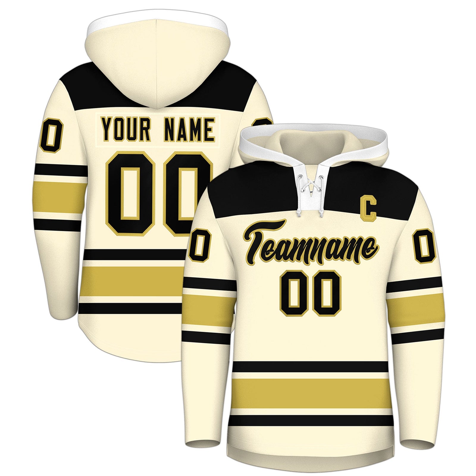 Custom Hockey Hoodie Jersey Cream Old Gold Raglan Sleeves Lace-Up Neck Personal Name & Number & Logo