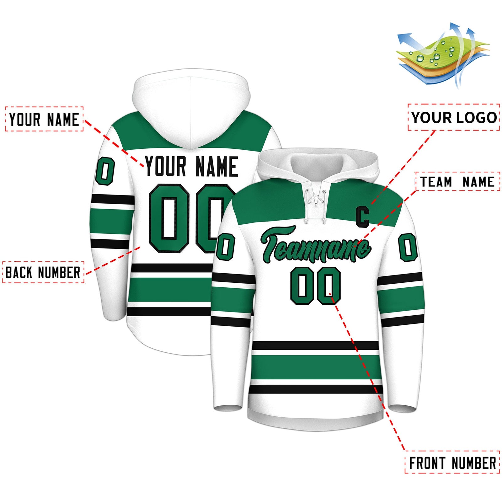 Custom Hockey Hoodie Jersey White Kelly Green Raglan Sleeves Lace-Up Neck Classic Team Colors Hoodie