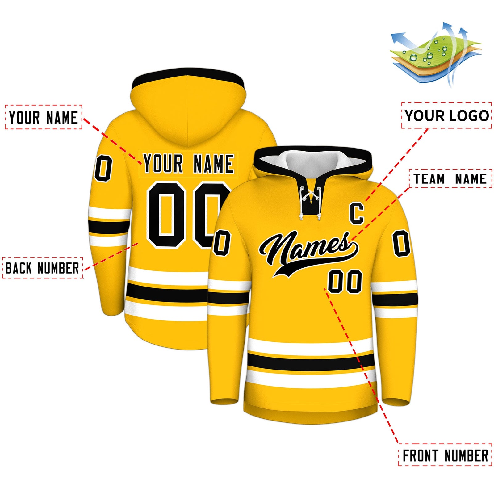 Custom Hockey Hoodie Jersey Gold Black Classic Style Add Name,Number & Logo