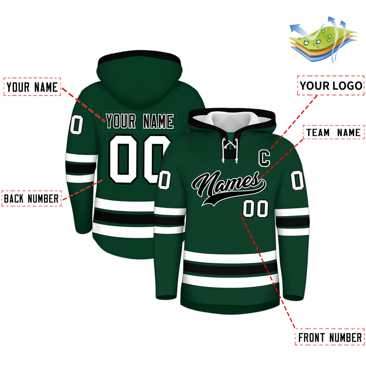 Custom Hockey Hoodie Jersey Dark Green Black Classic Style for Men&Youth