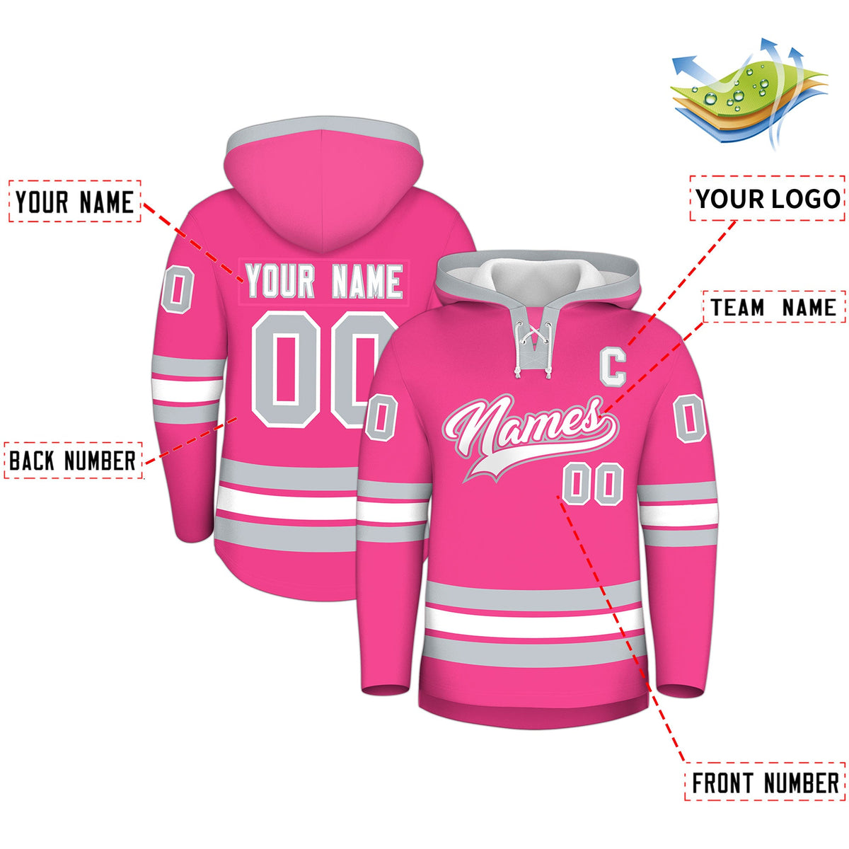 Custom Hockey Hoodie Jersey Pink Silver Classic Style Add Name,Number & Logo