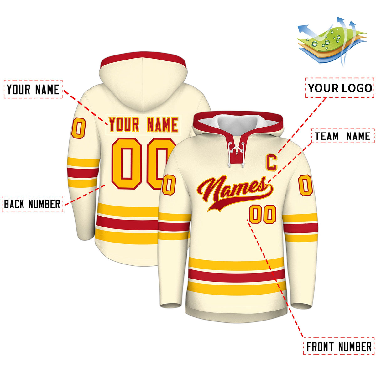 Custom Hockey Hoodie Jersey Cream Red Classic Style Add Name,Number & Logo
