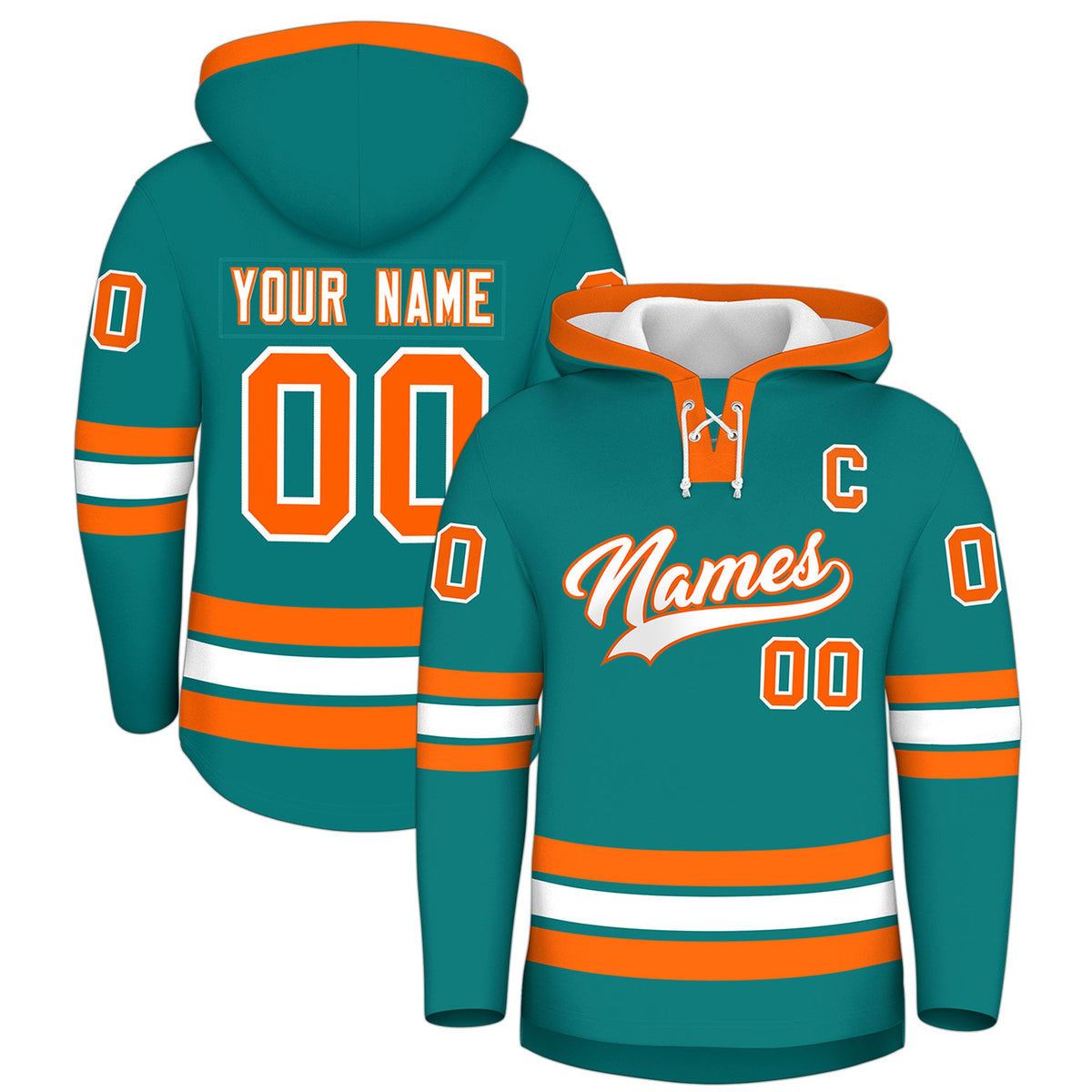 Custom Hockey Hoodie Jersey Teal Orange Classic Style Add Name,Number & Logo