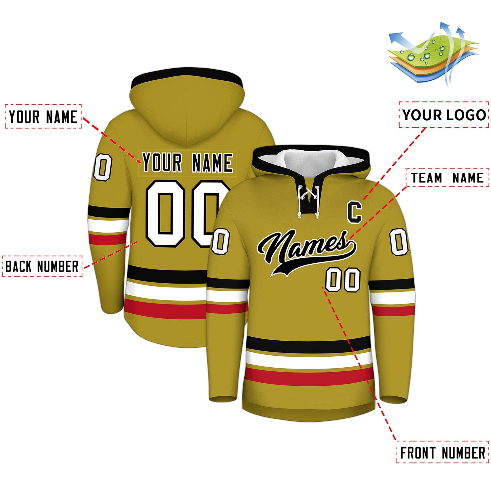 Custom Hockey Hoodie Jersey Old Gold Black Classic Style for Men&Youth