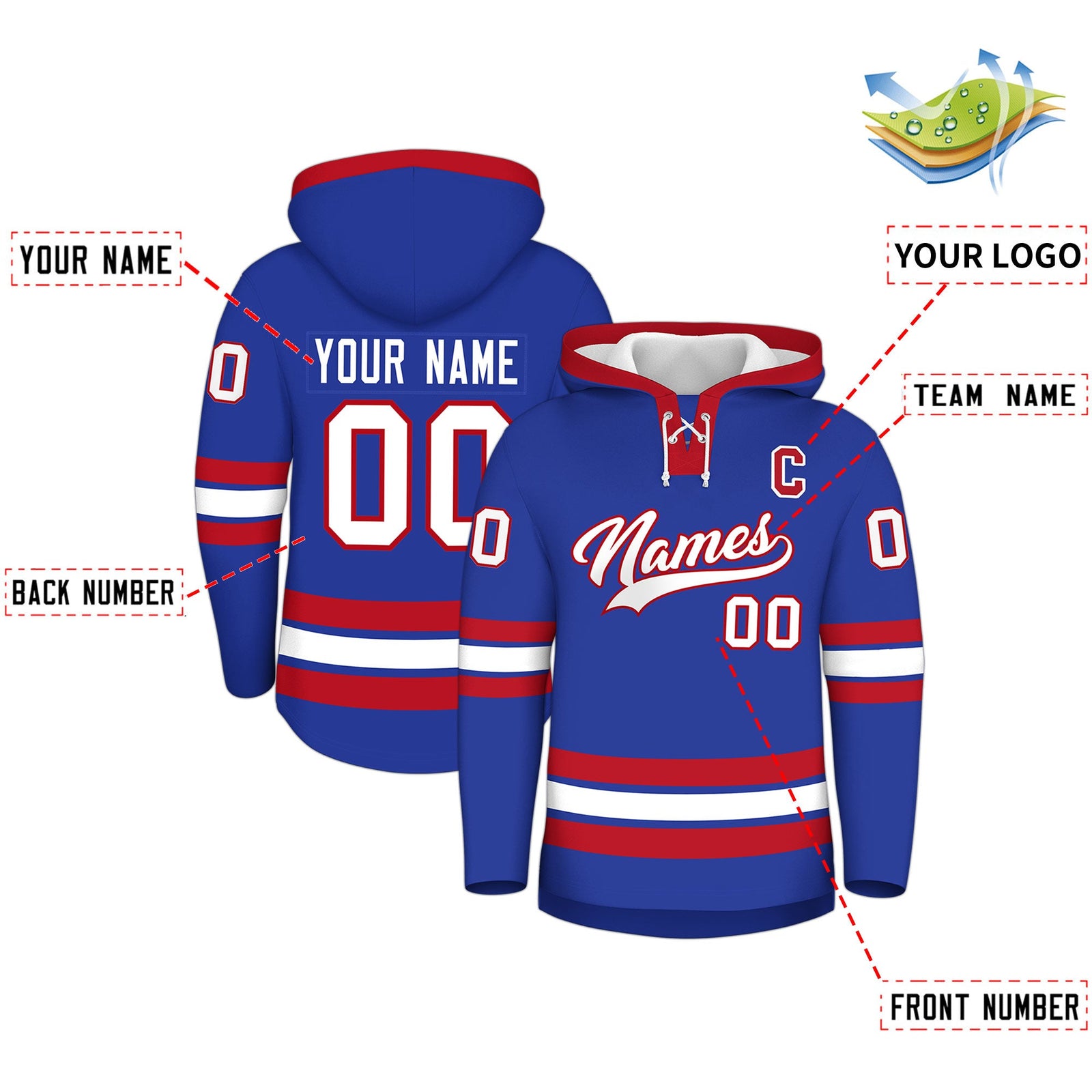 Custom Hockey Hoodie Jersey Royal Blue Red Classic Style Add Name,Number & Logo