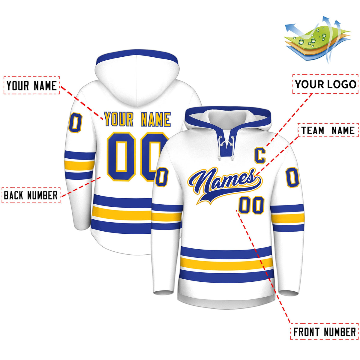 Custom Hockey Hoodie Jersey White Royal Blue Classic Style Add Name,Number & Logo
