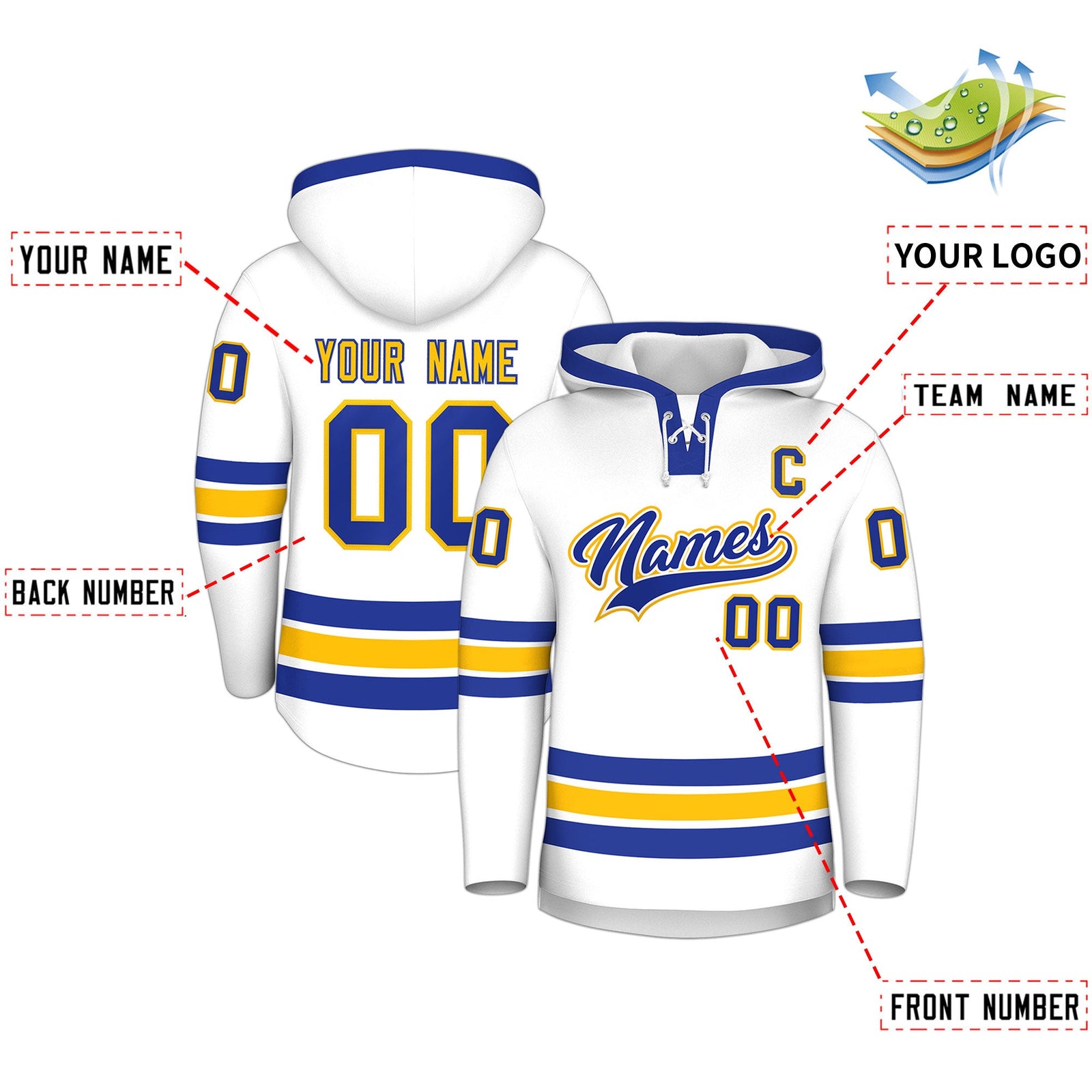 Custom Hockey Hoodie Jersey White Royal Blue Classic Style Add Name,Number & Logo