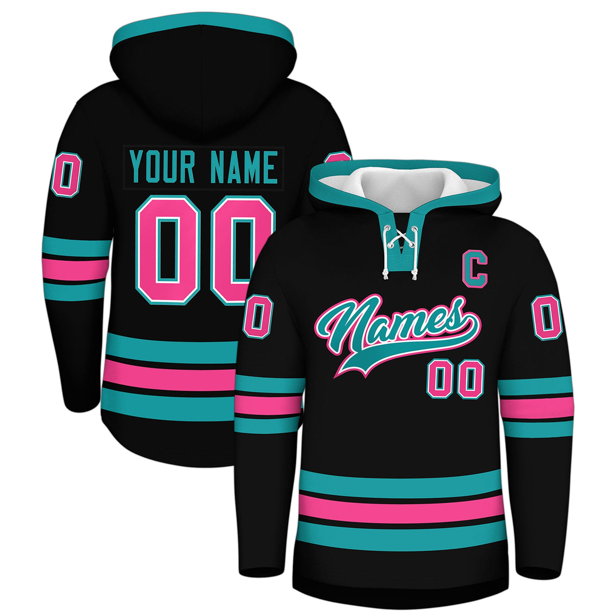 Custom Hockey Hoodie Jersey Black Aqua Classic Style Add Name,Number & Logo