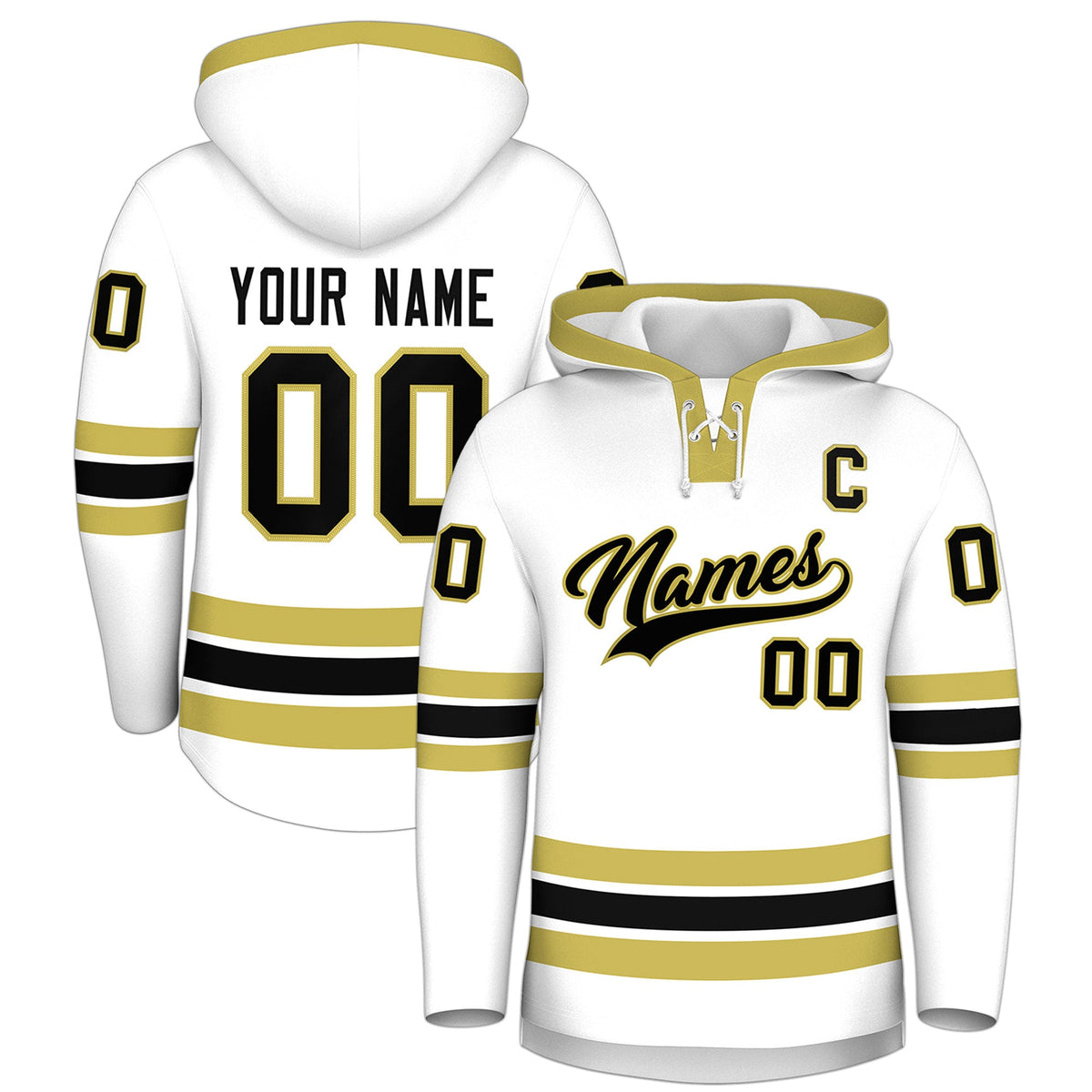 Custom Hockey Hoodie Jersey White Old Gold Classic Style Add Name,Number & Logo