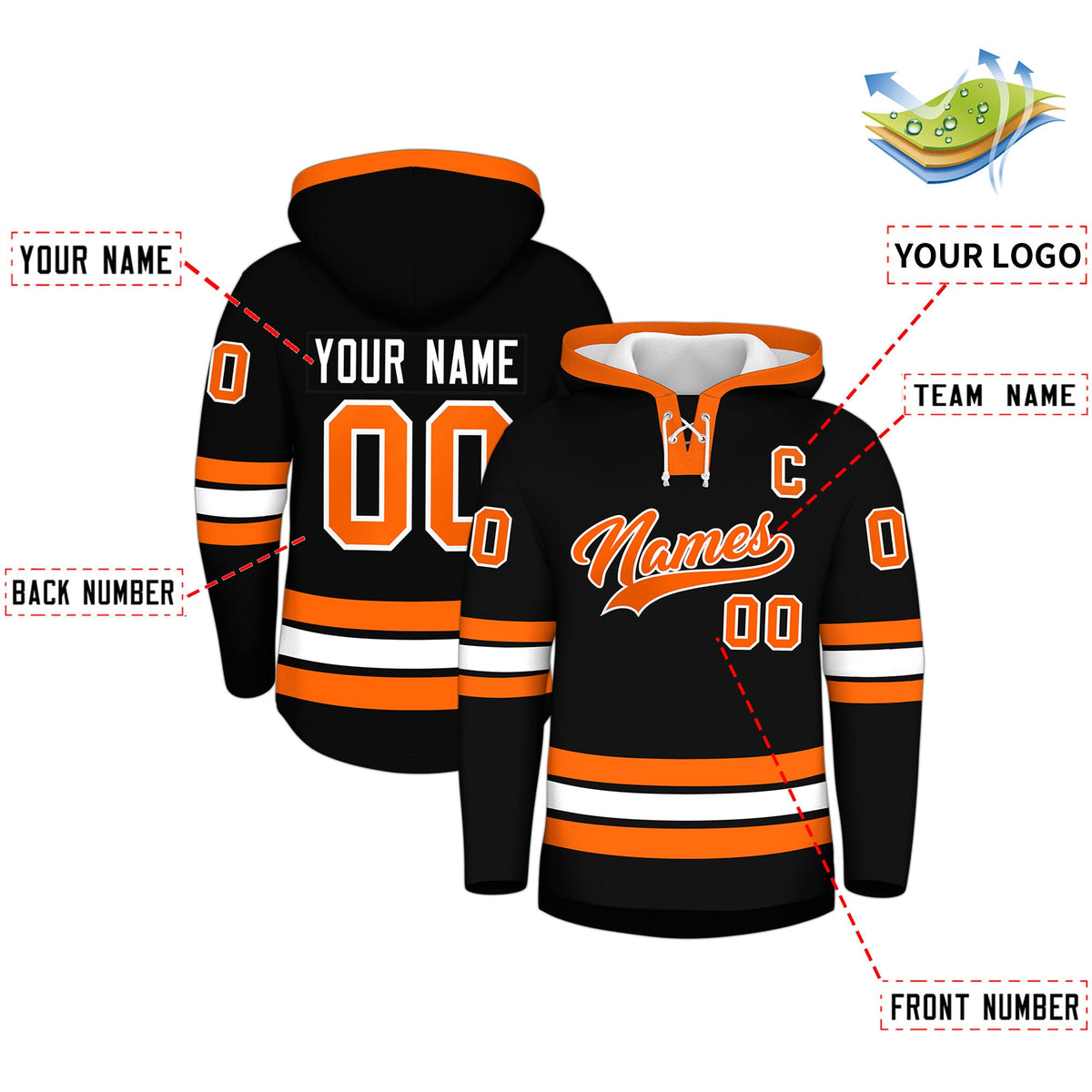 Custom Hockey Hoodie Jersey Black Orange Classic Style Add Name,Number & Logo