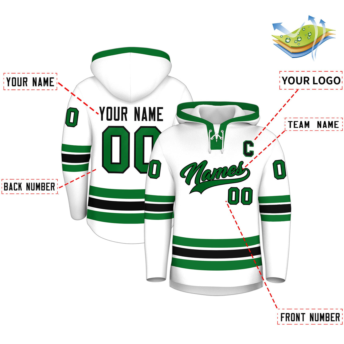 Custom Hockey Hoodie Jersey White Kelly Green Classic Style Add Name,Number & Logo