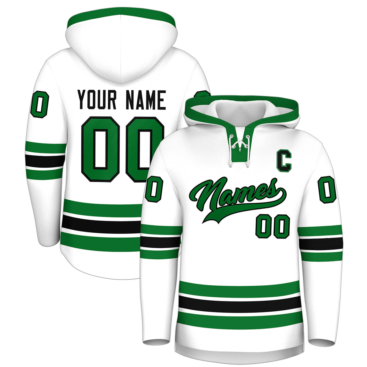 Custom Hockey Hoodie Jersey White Kelly Green Classic Style Add Name,Number & Logo