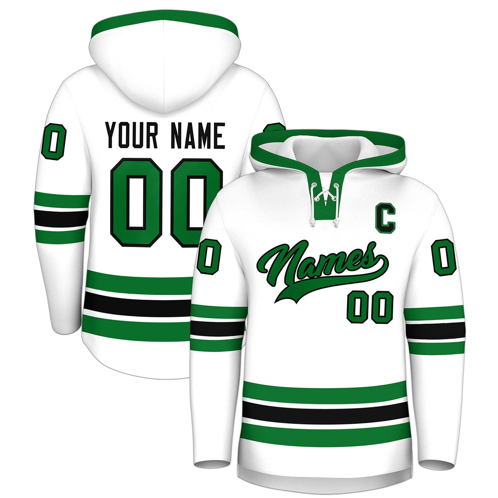 Custom Hockey Hoodie Jersey White Kelly Green Classic Style Add Name,Number & Logo