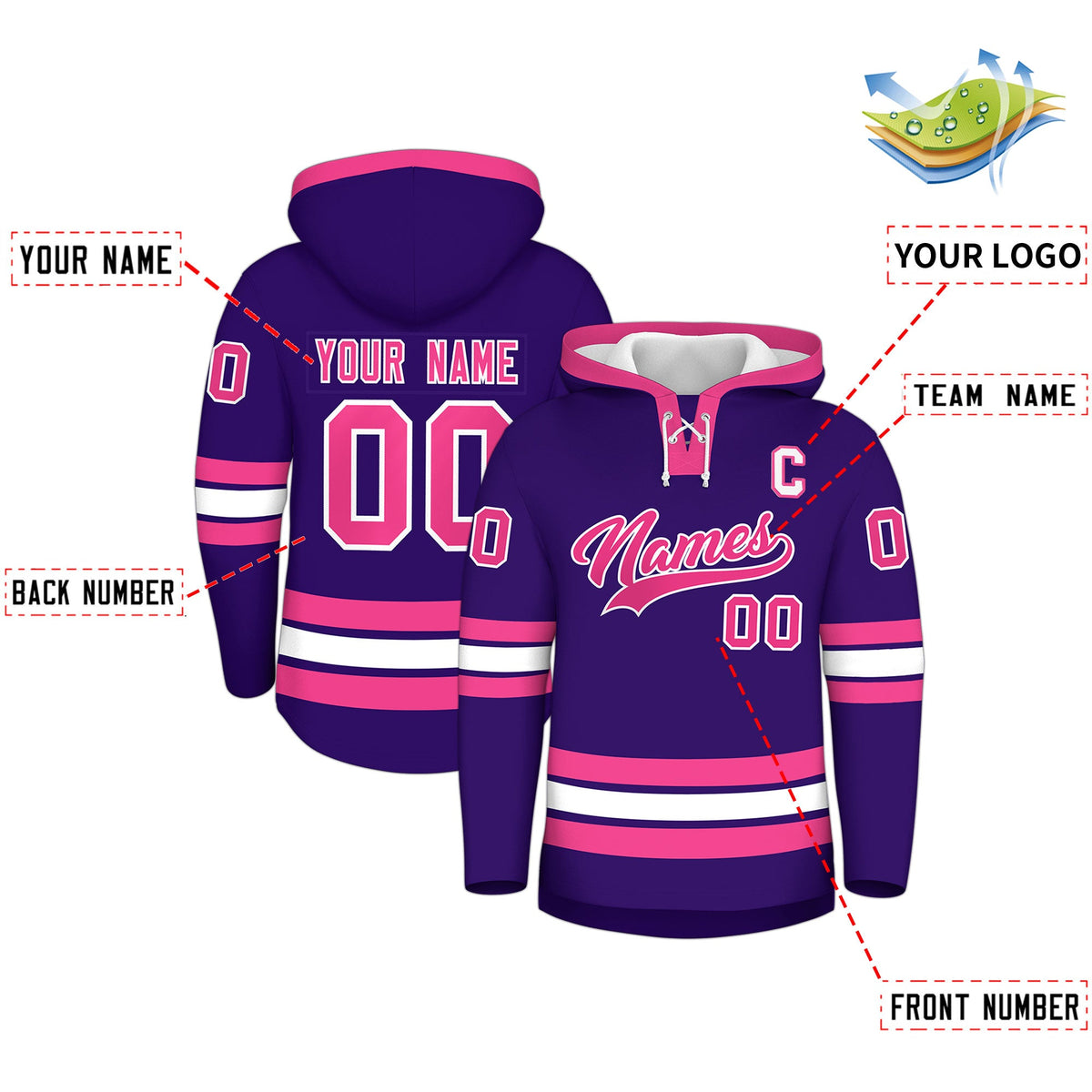 Custom Hockey Hoodie Jersey Purple Pink Classic Style for Men&Youth