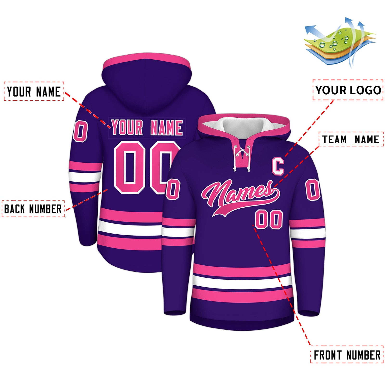 Custom Hockey Hoodie Jersey Purple Pink Classic Style for Men&Youth