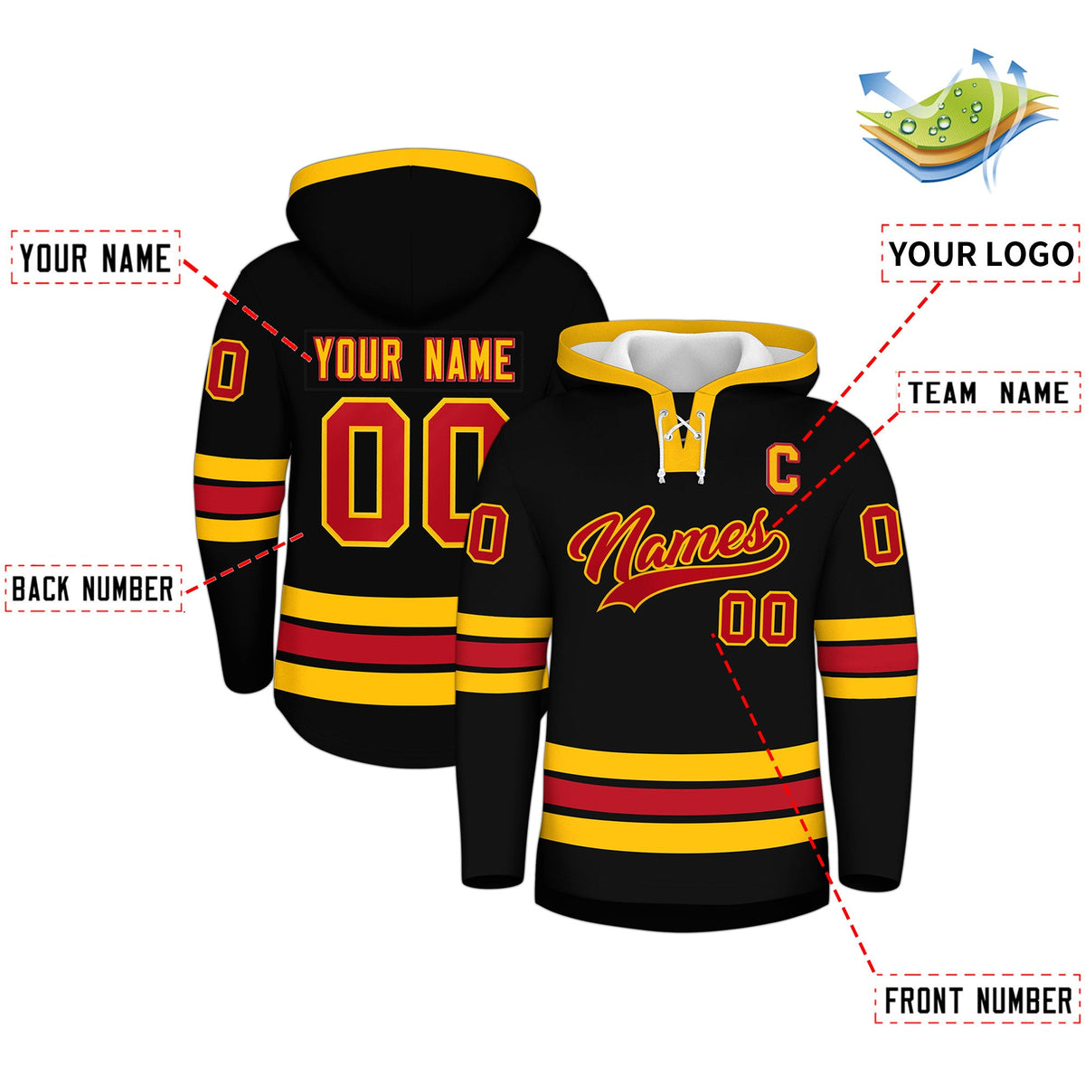 Custom Hockey Hoodie Jersey Black Red Classic Style Add Name,Number & Logo