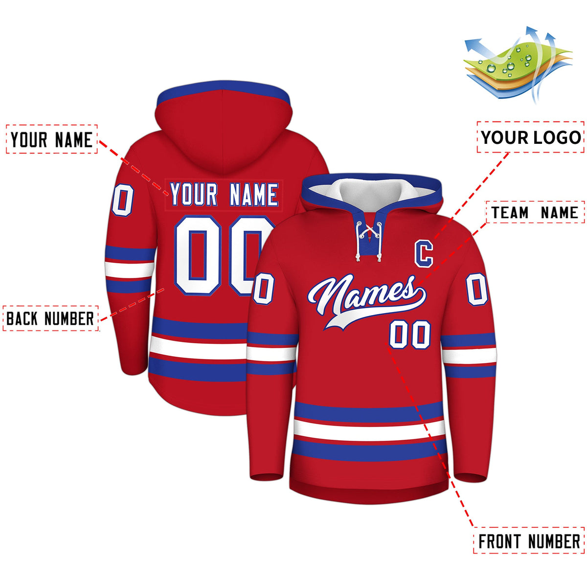 Custom Hockey Hoodie Jersey Red Royal Blue Classic Style Add Name,Number & Logo