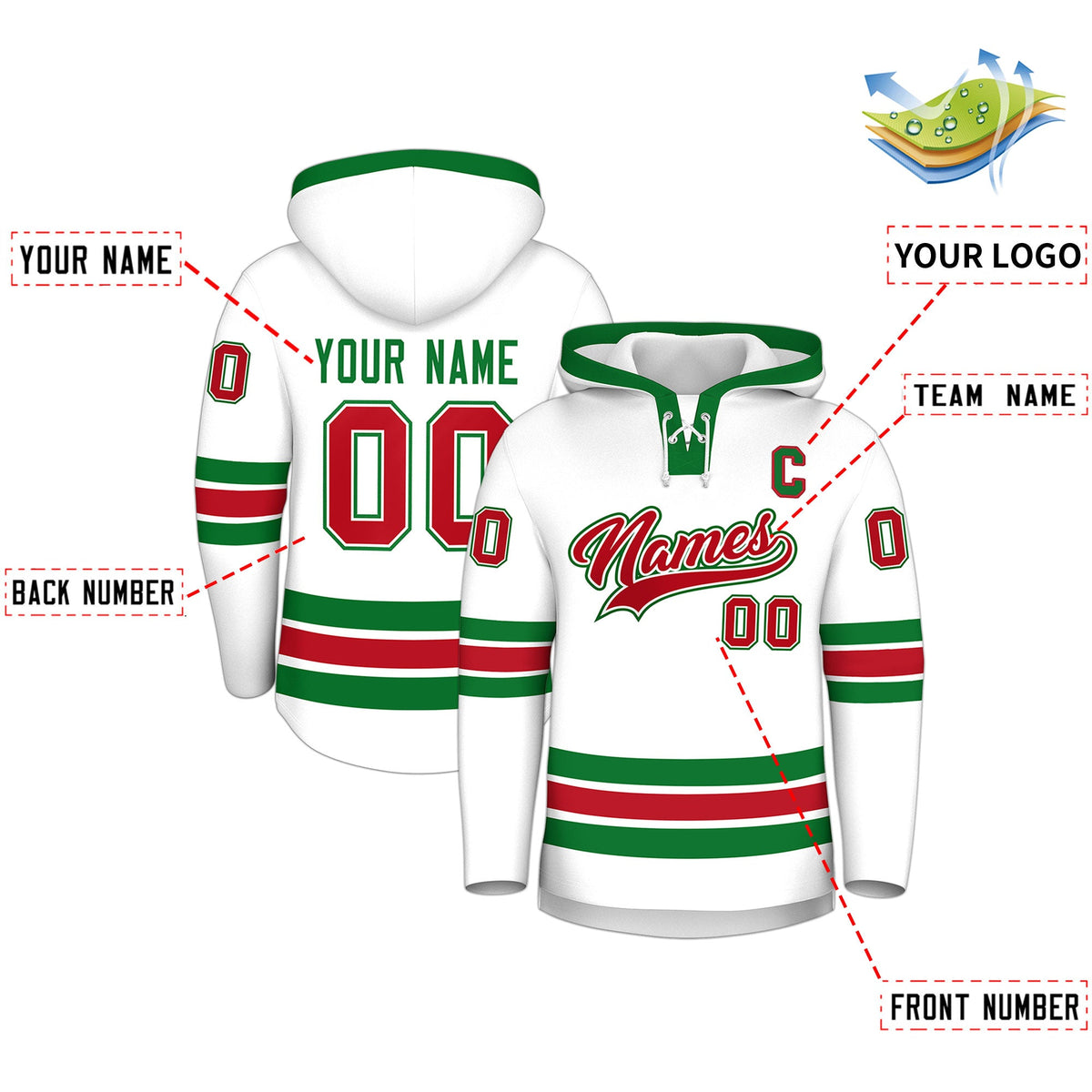 Custom Hockey Hoodie Jersey White Kelly Green Classic Style Add Name,Number & Logo