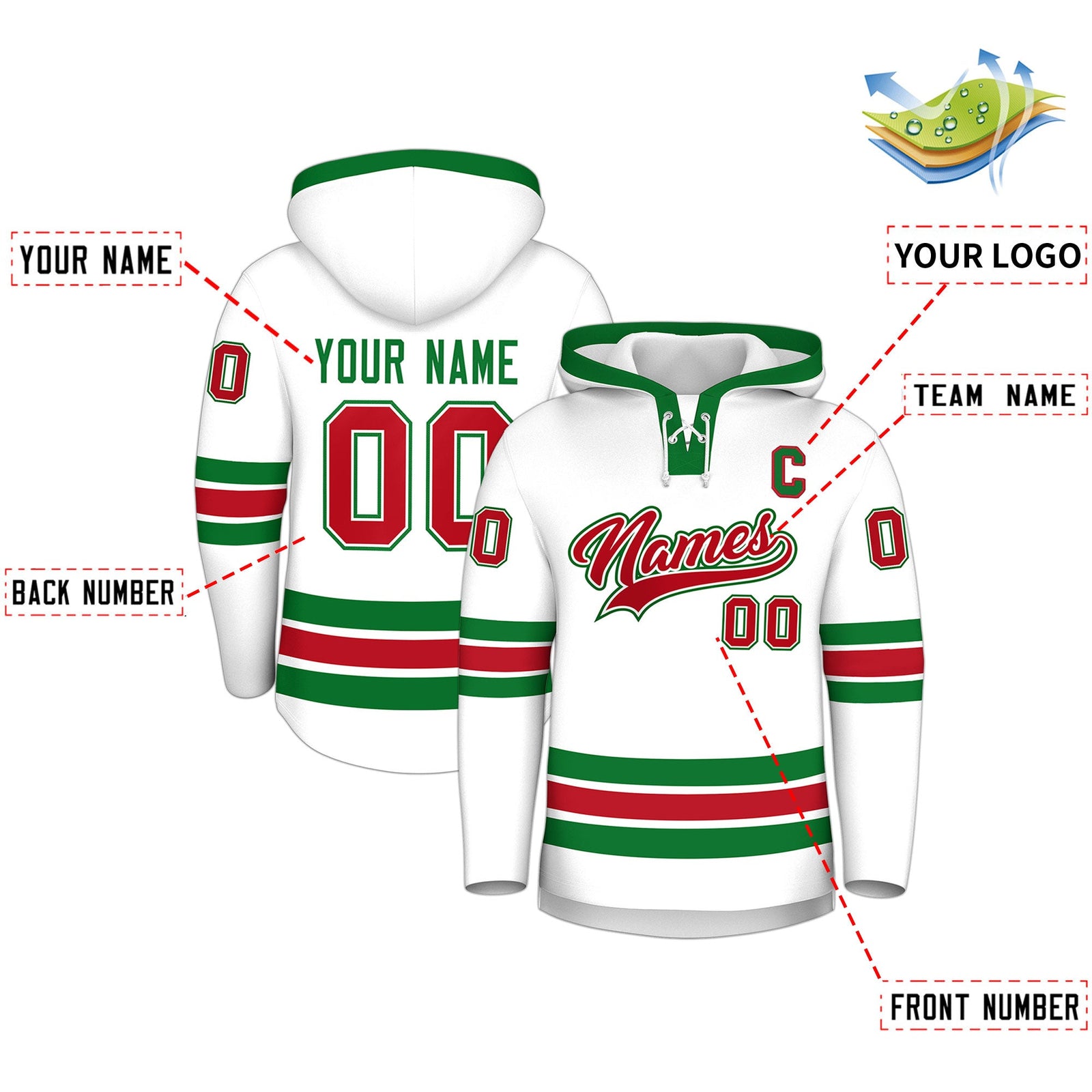 Custom Hockey Hoodie Jersey White Kelly Green Classic Style Add Name,Number & Logo