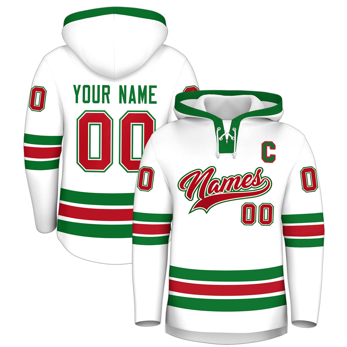 Custom Hockey Hoodie Jersey White Kelly Green Classic Style Add Name,Number & Logo