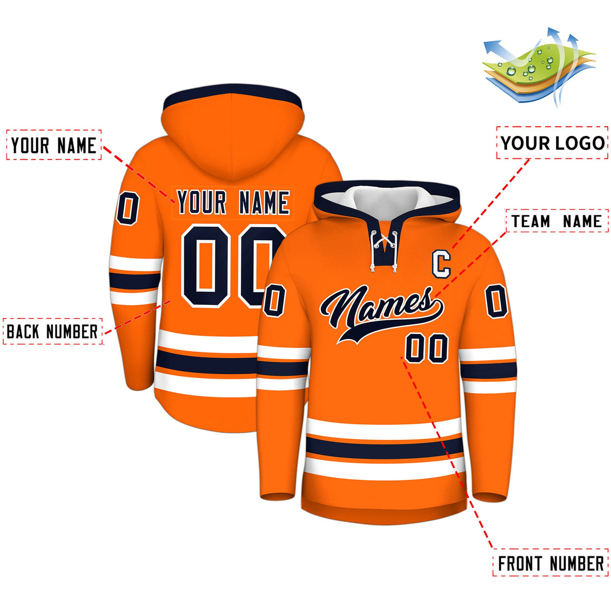 Custom Hockey Hoodie Jersey Orange Navy Classic Style Add Name,Number & Logo