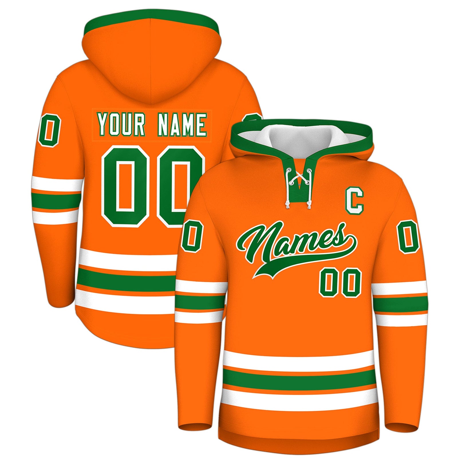 Custom Hockey Hoodie Jersey Orange Kelly Green Classic Style Add Name,Number & Logo