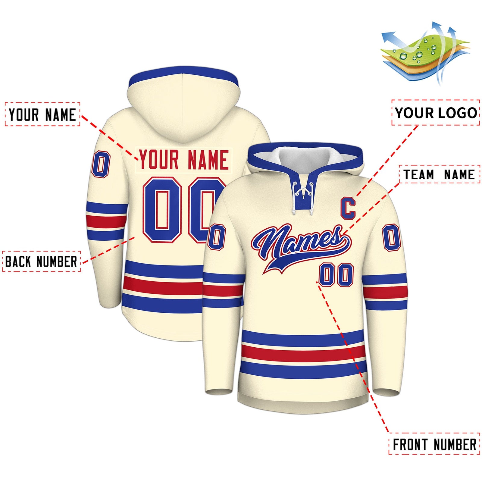 Custom Hockey Hoodie Jersey Cream Royal Blue Classic Style Add Name,Number & Logo