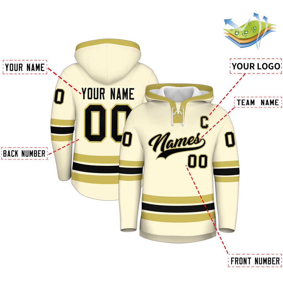 Custom Hockey Hoodie Jersey Cream Old Gold Classic Style for Men&Youth