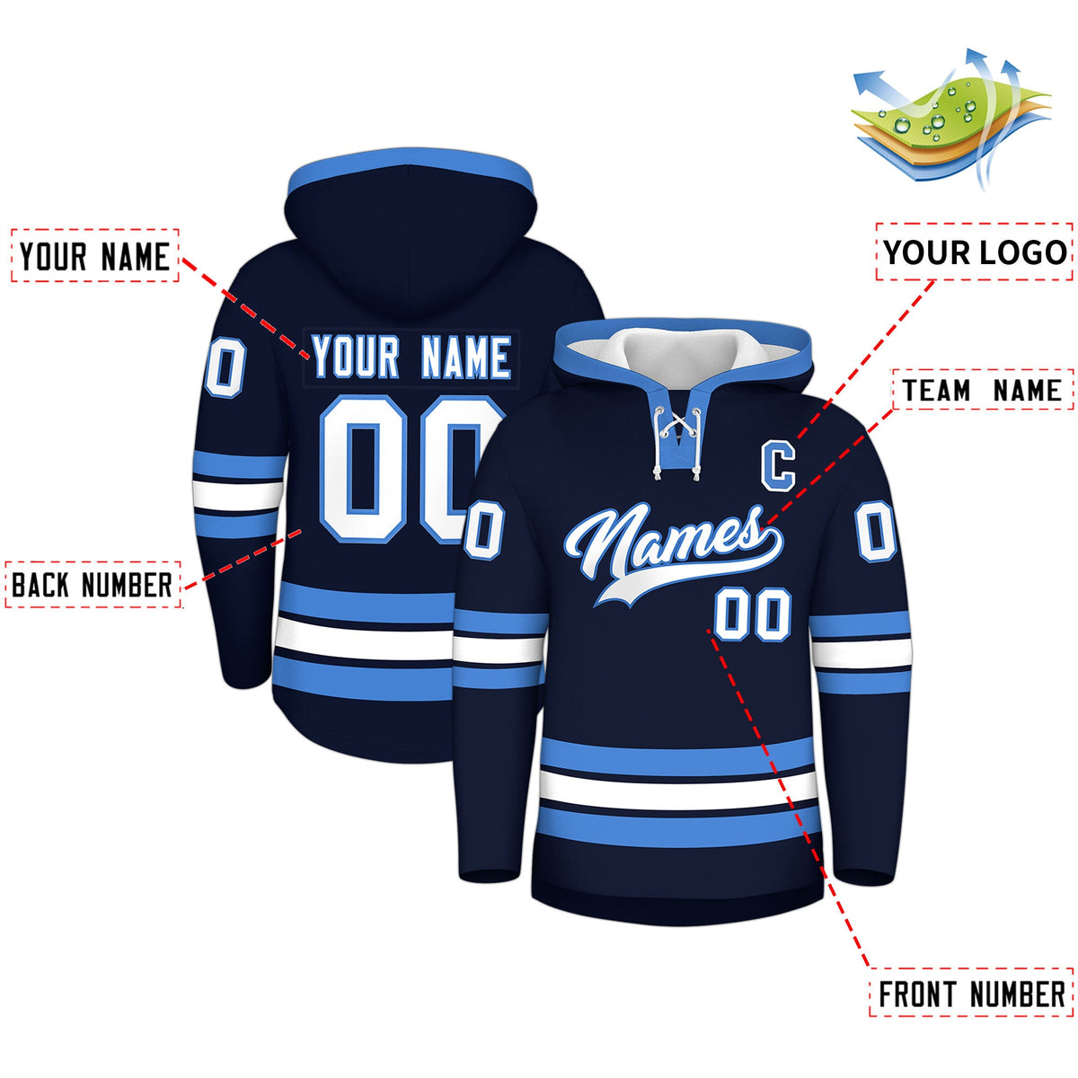 Custom Hockey Hoodie Jersey Navy Powder Blue Classic Style for Men&Youth