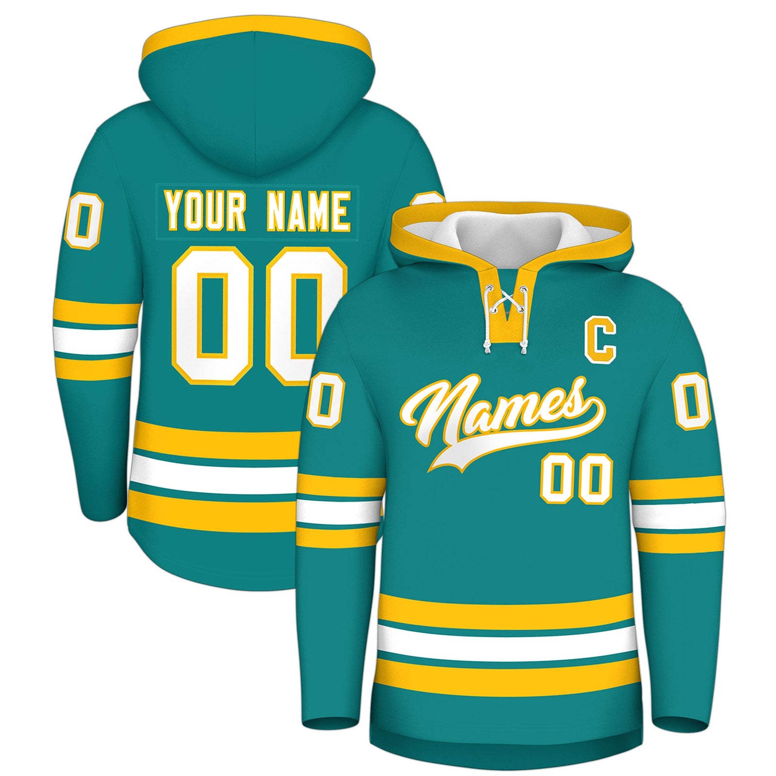 Custom Hockey Hoodie Jersey Teal Gold Classic Style Add Name,Number & Logo